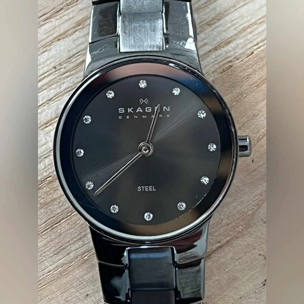 Skagen Steel Ladies Watch Black Dial Crystal Markers Black Stainless Bracelet